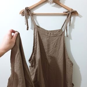 ↠ Three Bird Nest Easel Tan Linen Blend Shoulder Tie Boho Wide Leg Jumpsuit